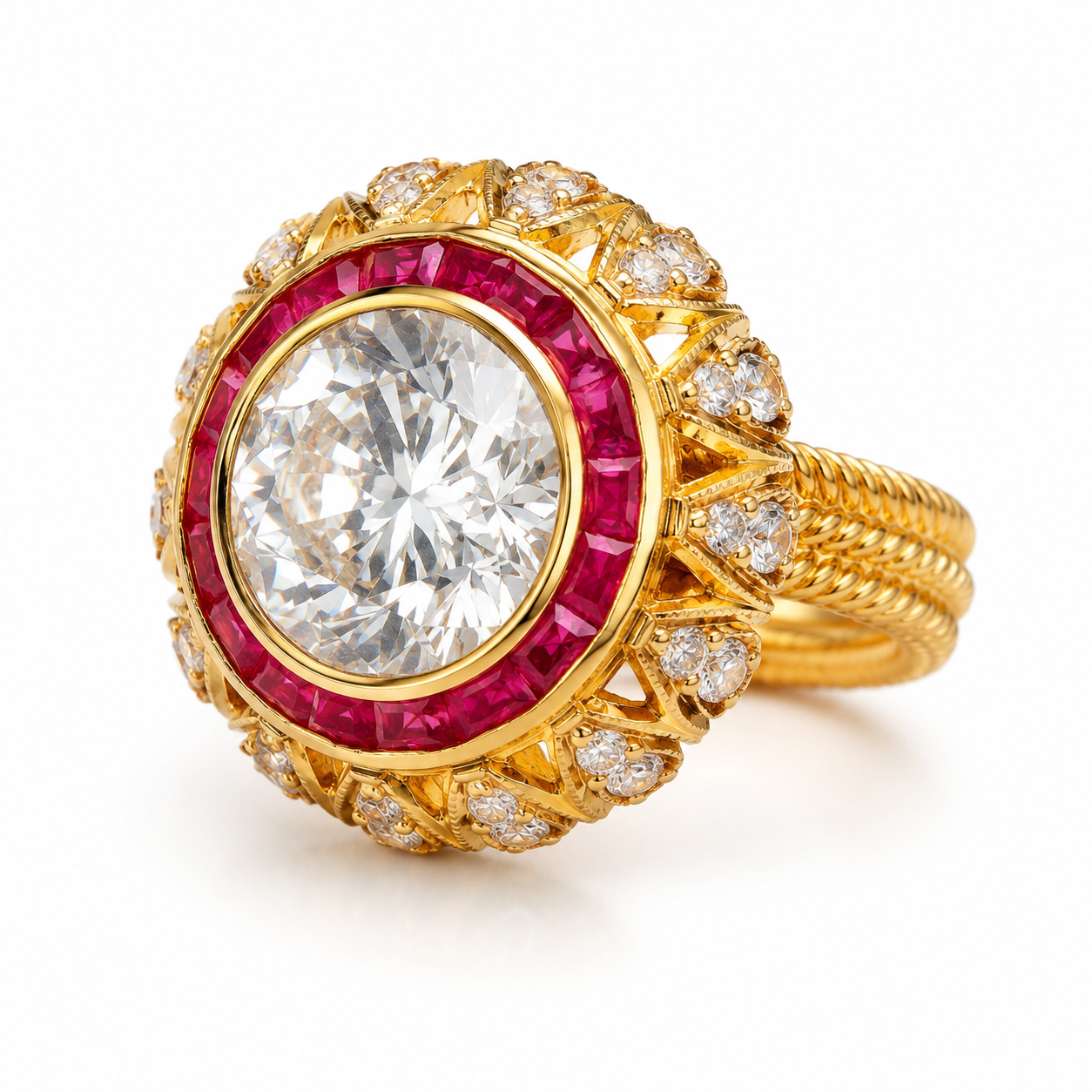Gold ring with a large diamond, ruby, and smaller diamonds on a white background