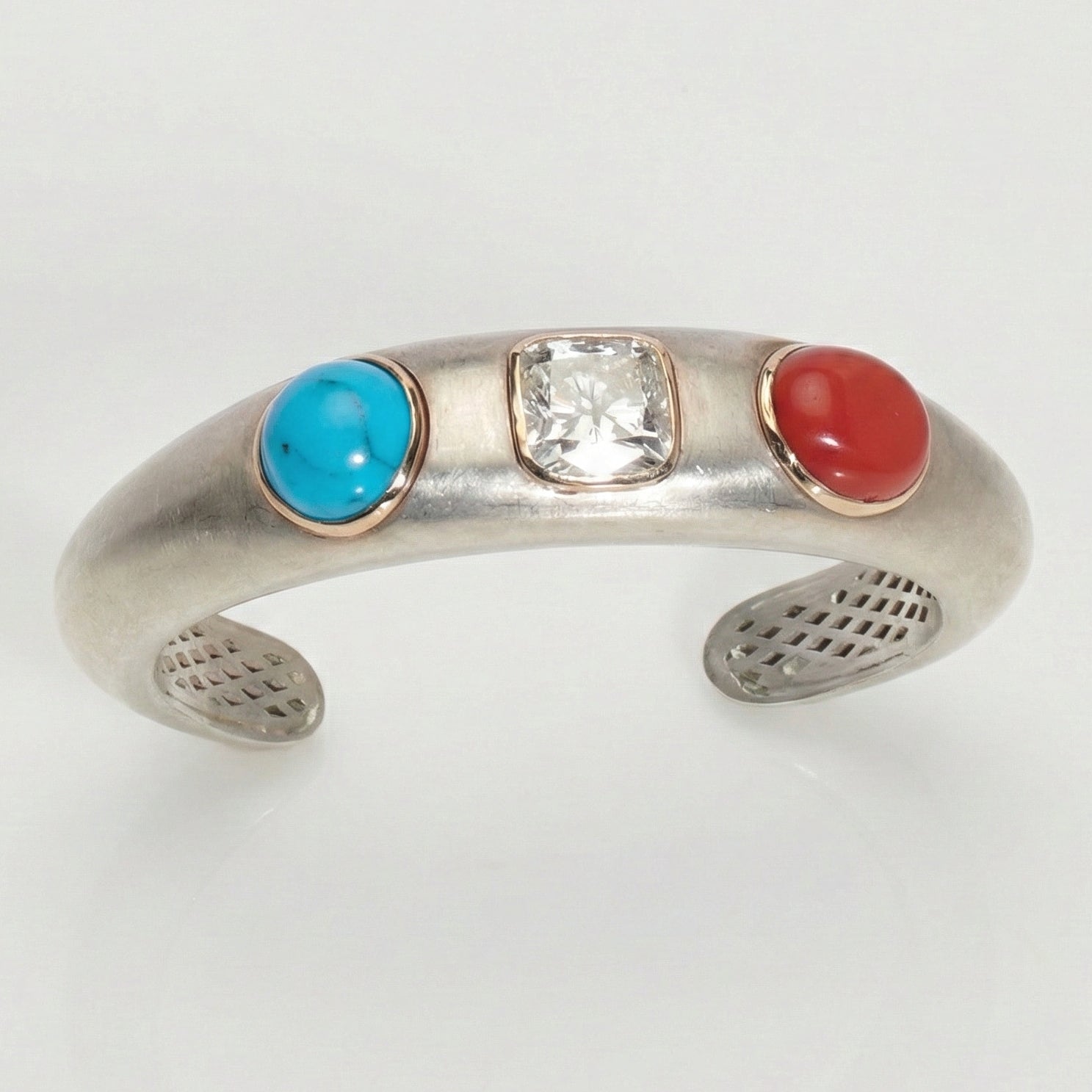 The "Romani" 3 Stone Cuff in Diamond Tourqoise and Coral in Collaboration with LMC Fine Jewelry