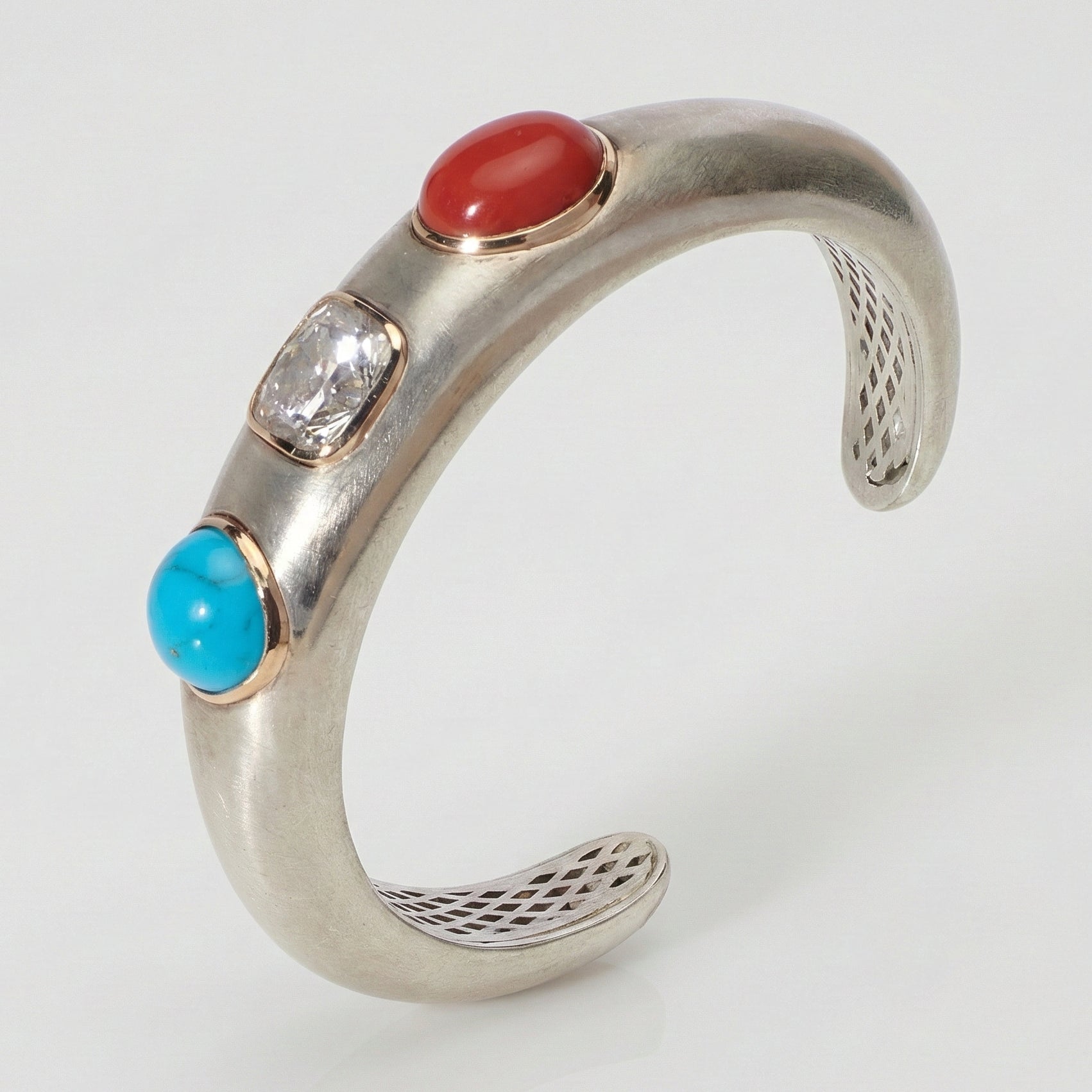 The "Romani" 3 Stone Cuff in Diamond Tourqoise and Coral in Collaboration with LMC Fine Jewelry